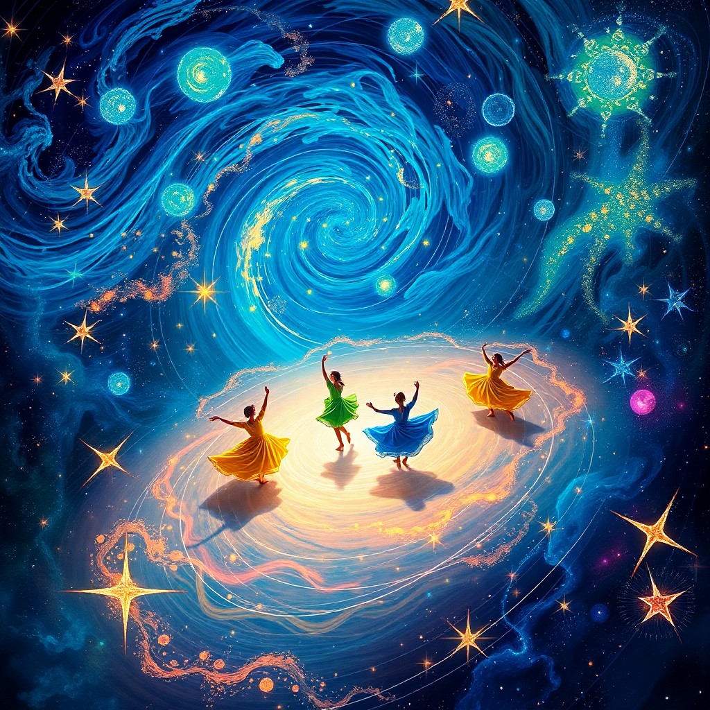 AI generated art for prompt: A mesmerizing digital artwork portraying an enchanting celestial dance against the backdrop of swirl