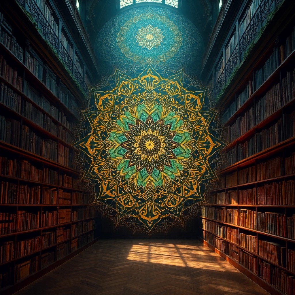 AI generated art for prompt: Envision an elaborate mandala-inspired textile adorning the walls of an antiquated library bathed in