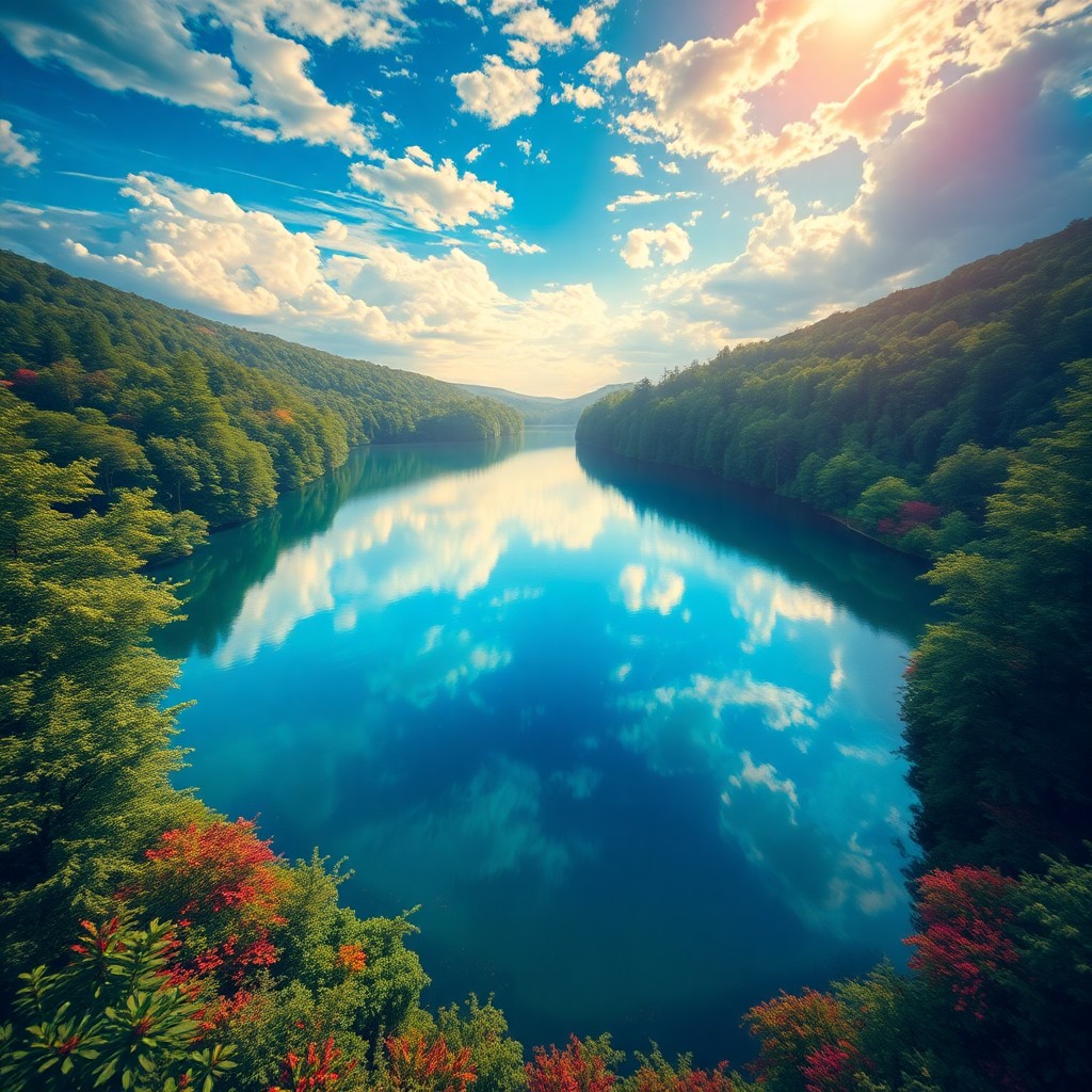 AI generated art for prompt: Create an enchanting digital art scene from an aerial viewpoint, showcasing a serene lake encircled 