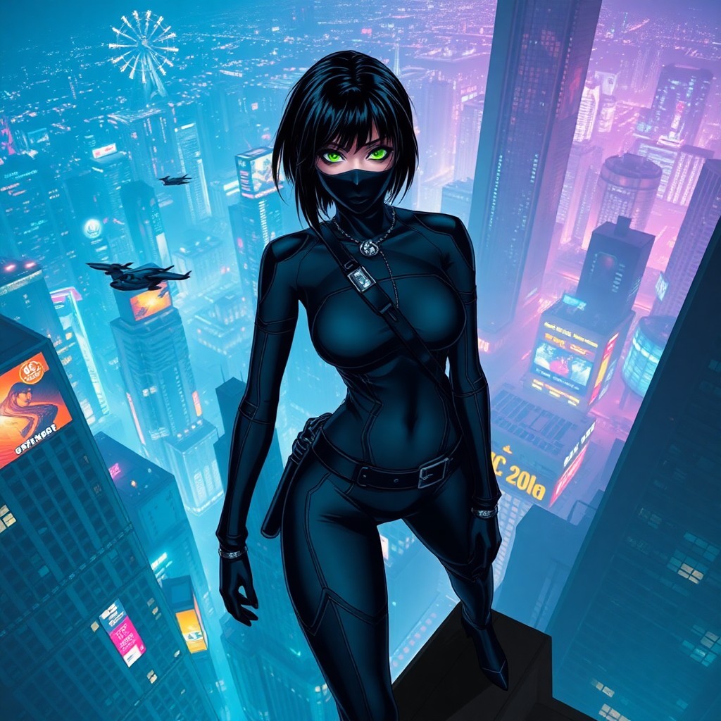 AI generated art for prompt: A cyberpunk comic book image showcases a solitary female ninja with luminous green eyes and jet-blac