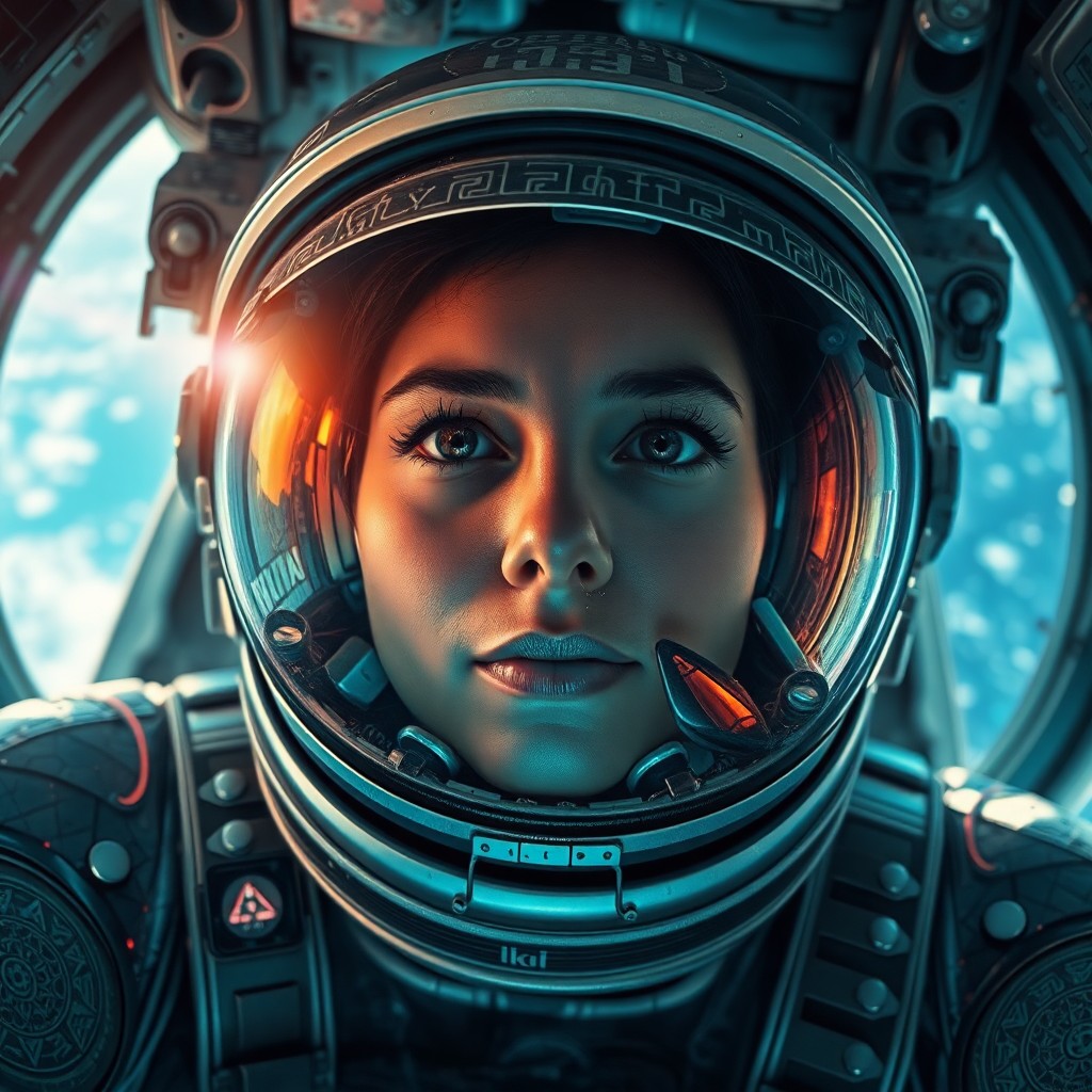 AI generated art for prompt: Depict an otherworldly close-up portrait of a female astronaut adrift in zero gravity, her visor ref