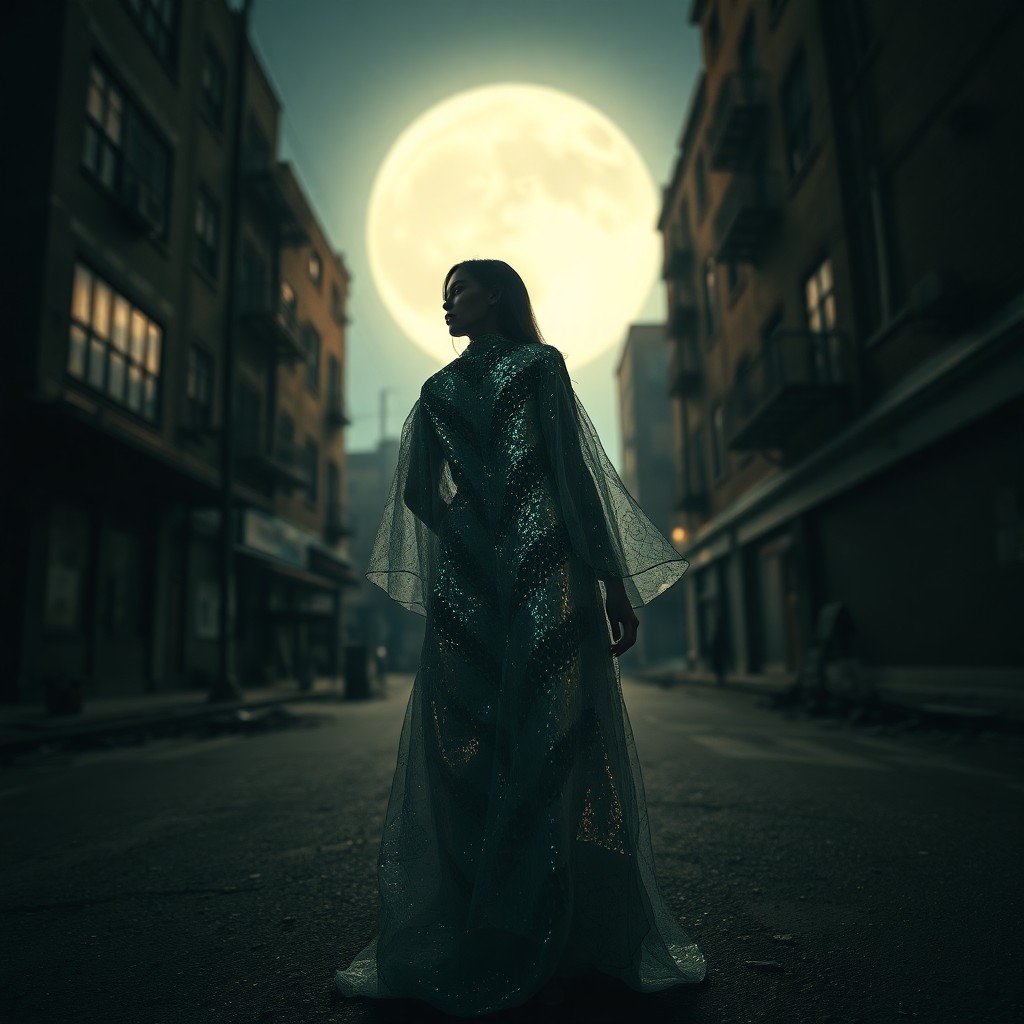 AI generated art for prompt: An evocative portrait capturing a mesmerizing figure standing on a desolate moonlit street, her silh