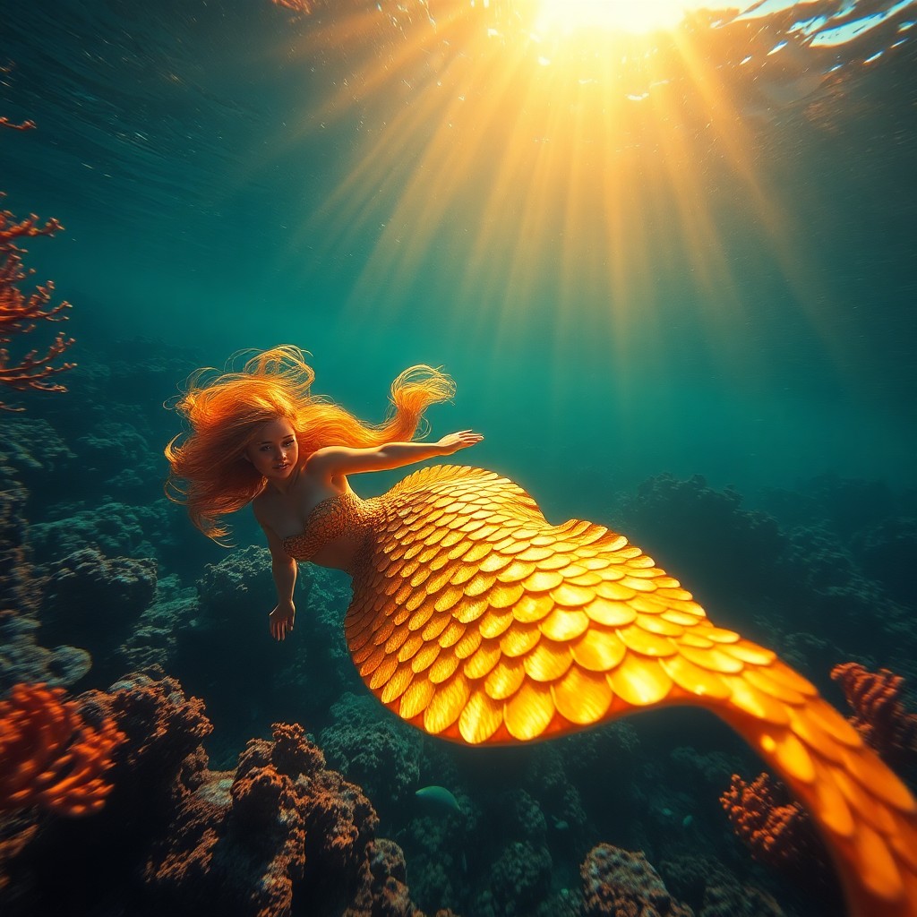 AI generated art for prompt: A dreamlike underwater scene unfolds with a whimsical mermaid gracefully navigating through a vibran