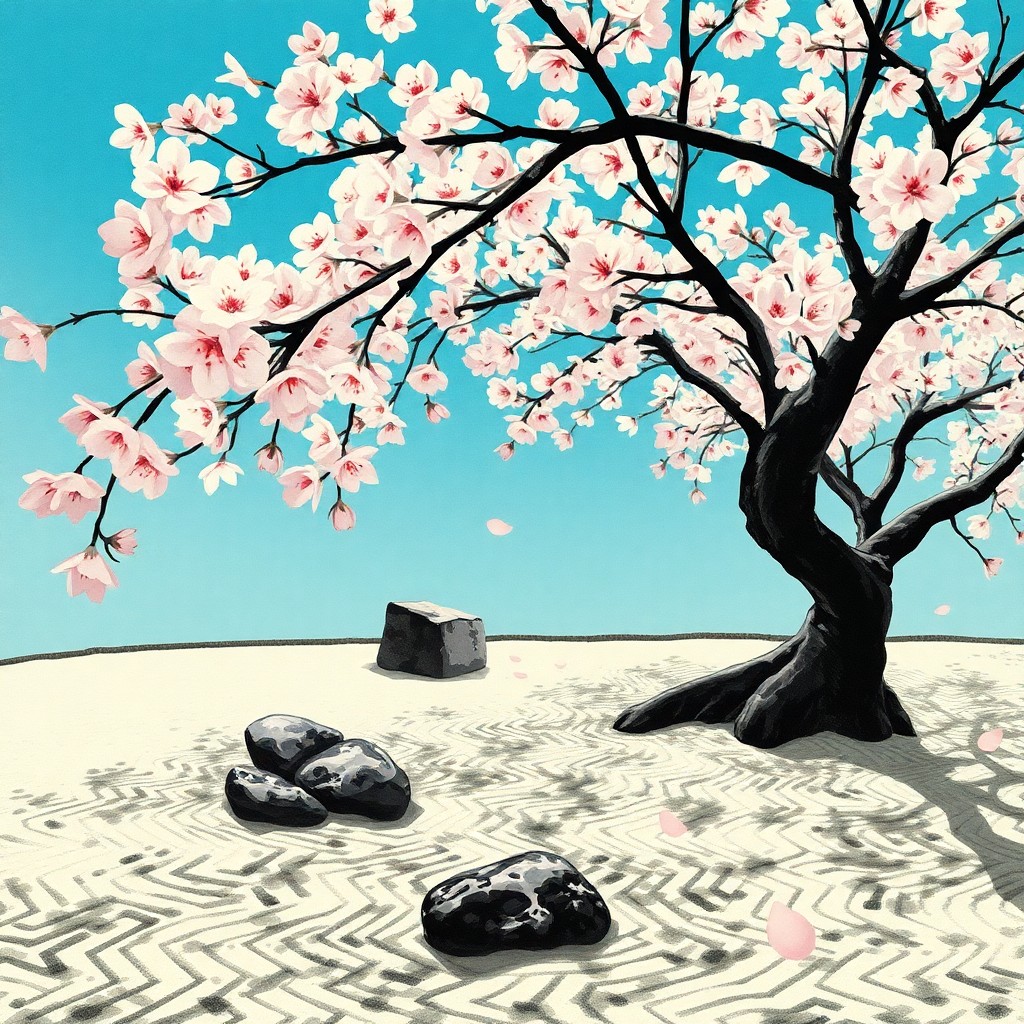 AI generated art for prompt: Visualize an intimate Japanese Zen garden rendered in the timeless technique of ink wash painting, o