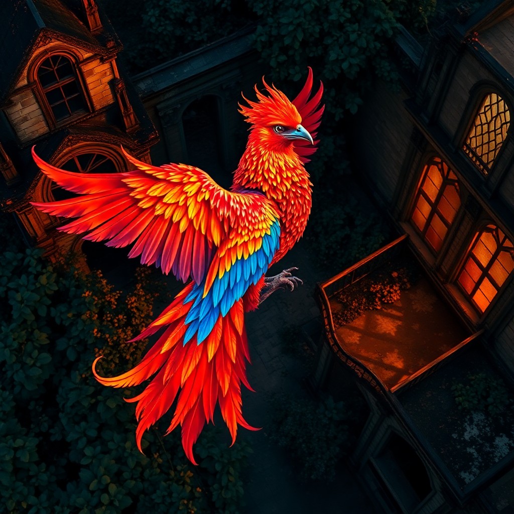 AI generated art for prompt: A regal phoenix, adorned in brilliant colors akin to an old master's canvas, rises from the remnants