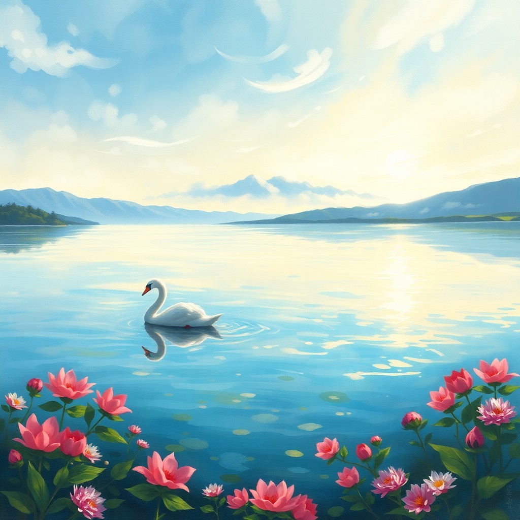 AI generated art for prompt: In the style of an impressionist masterpiece, depict a serene lakeside setting from an aerial viewpo