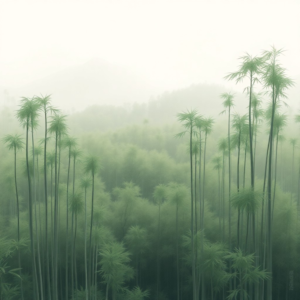 AI generated art for prompt: Envision an expansive view of a bamboo forest bathed in soft hues, reminiscent of traditional Japane