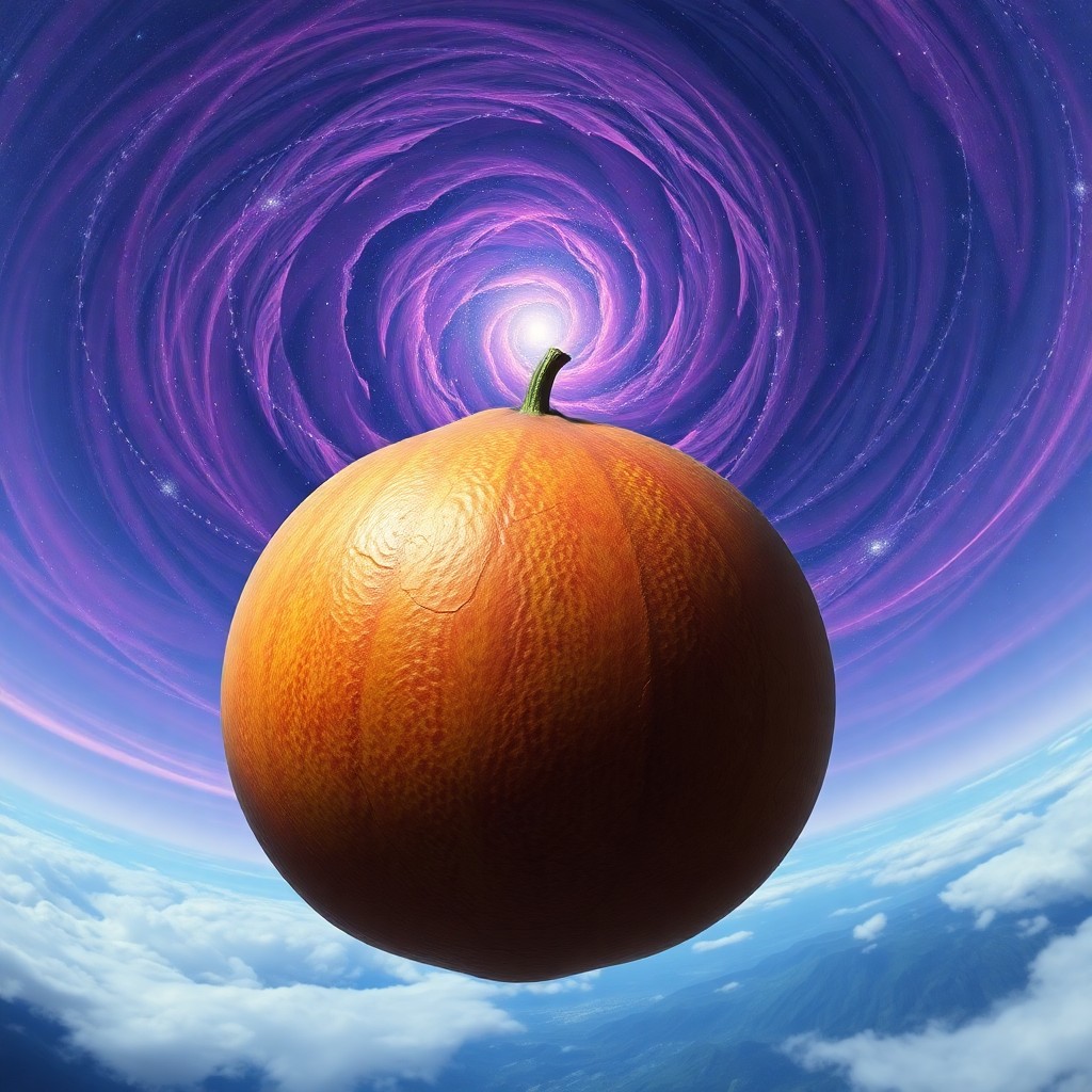 AI generated art for prompt: Imagine an enchanting, surreal vista where a colossal, lifelike fruit appears to defy gravity, occup