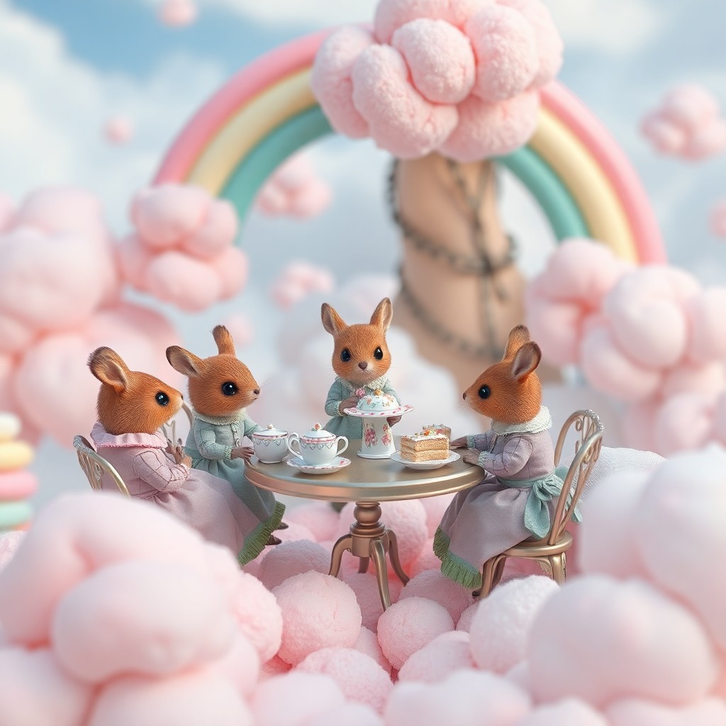 AI generated art for prompt: Craft an image in the surreal digital art style featuring a whimsical tea party scene set against fl