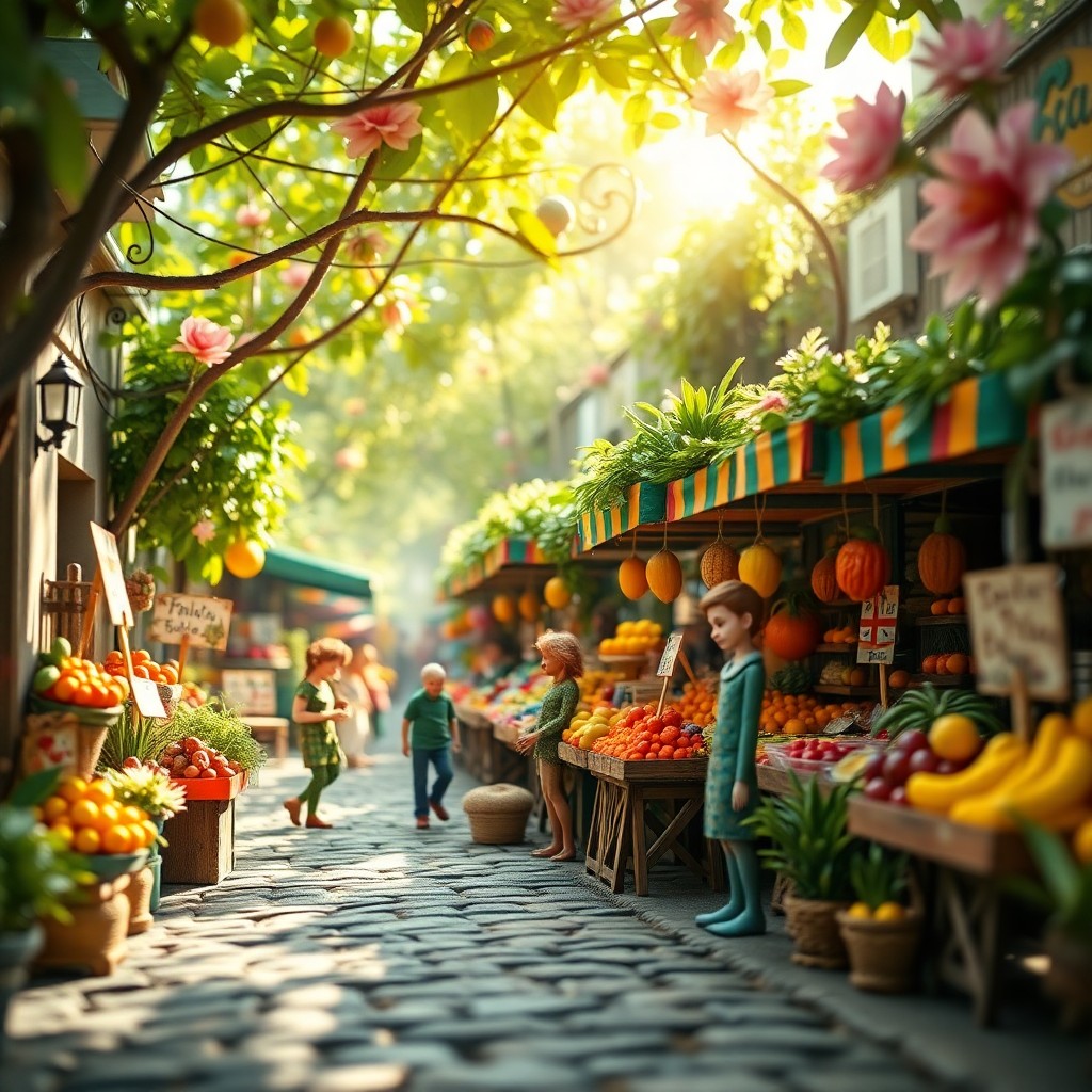 AI generated art for prompt: Craft an image capturing a vibrant street market scene from a diminutive perspective, reminiscent of