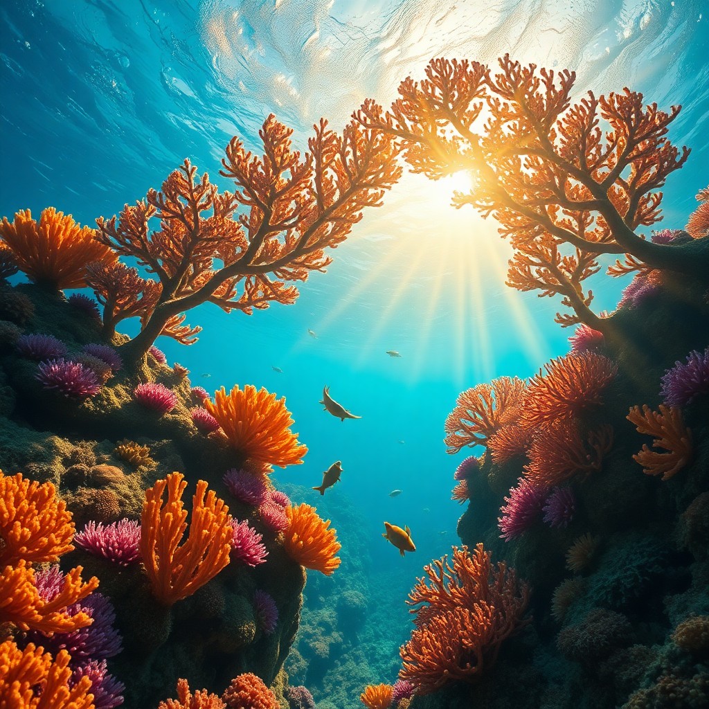 AI generated art for prompt: An enchanting underwater scene is depicted from an unconventional perspective, reminiscent of Ernst 