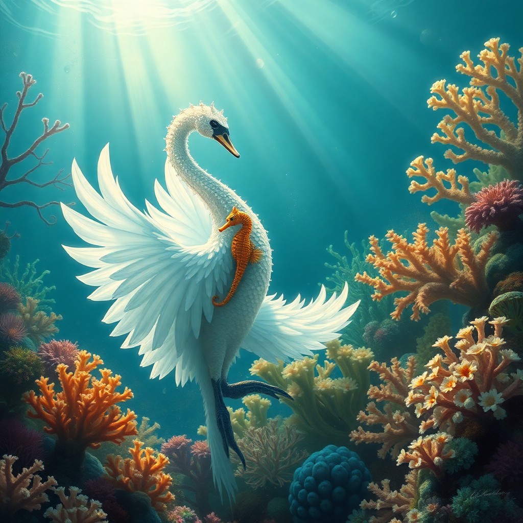 AI generated art for prompt: A surreal underwater ballet takes place in a lush coral reef garden, with an elegant swan-like creat