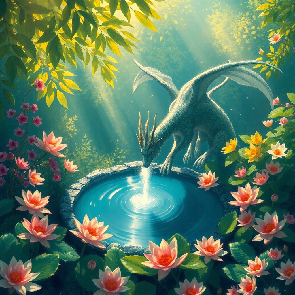 AI generated art for prompt: Create an enchanting garden landscape where a majestic mythical creature gracefully drinks from a sh