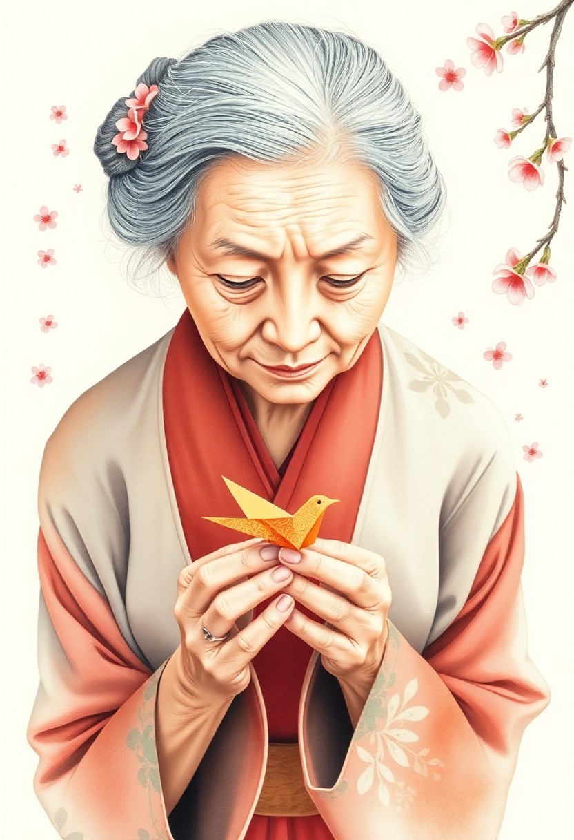 AI generated art for prompt: A tranquil portrait of an aged woman in a traditional Japanese kimono is depicted with delicate wate