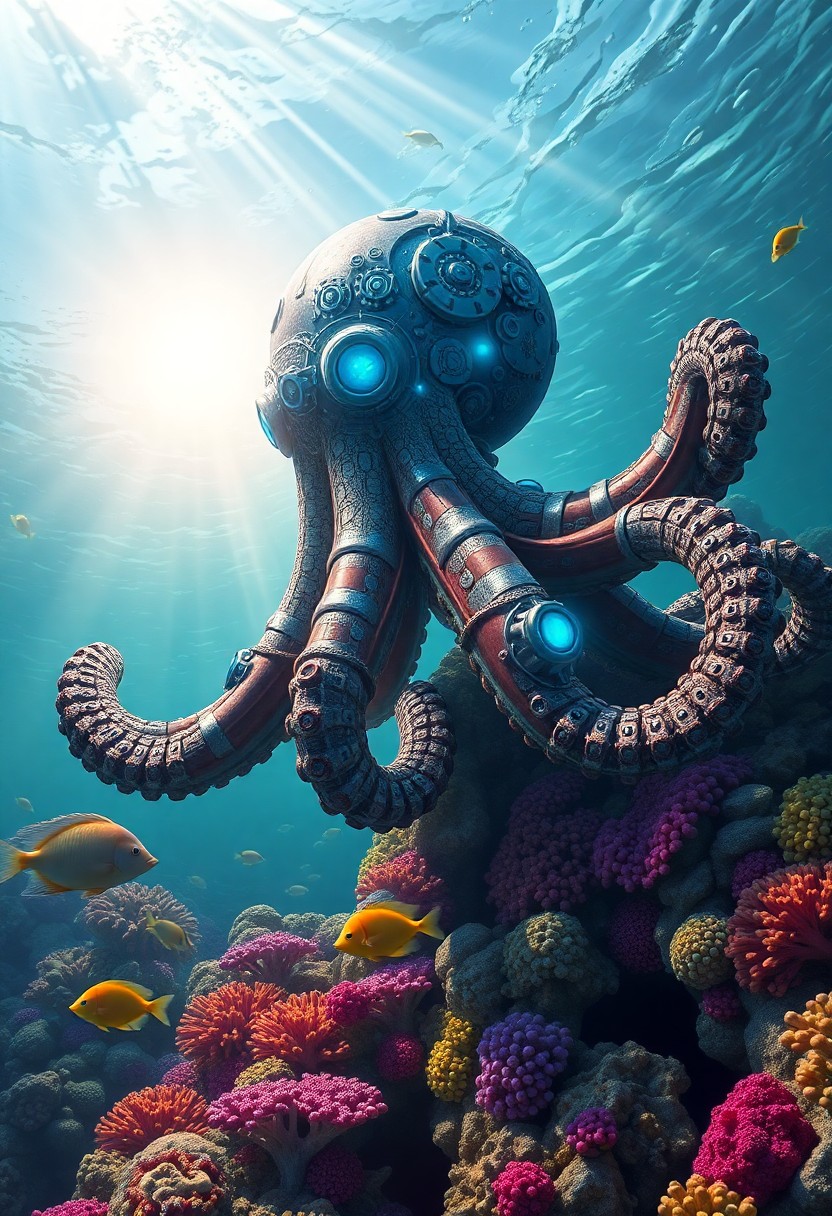 AI generated art for prompt: An awe-inspiring digital artwork captures an enigmatic scene where a highly detailed robotic octopus