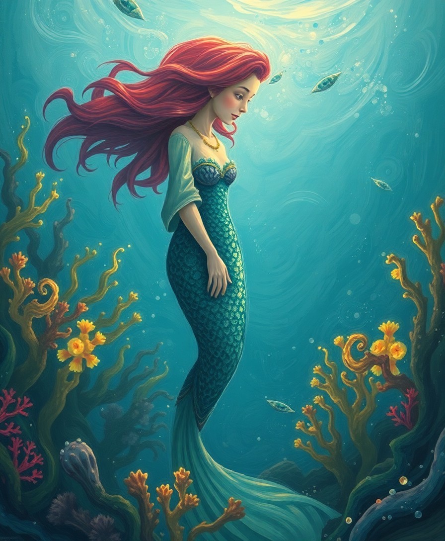 AI generated art for prompt: Imagine an alluring underwater setting inspired by Hans Christian Andersen's "The Little Mermaid," r