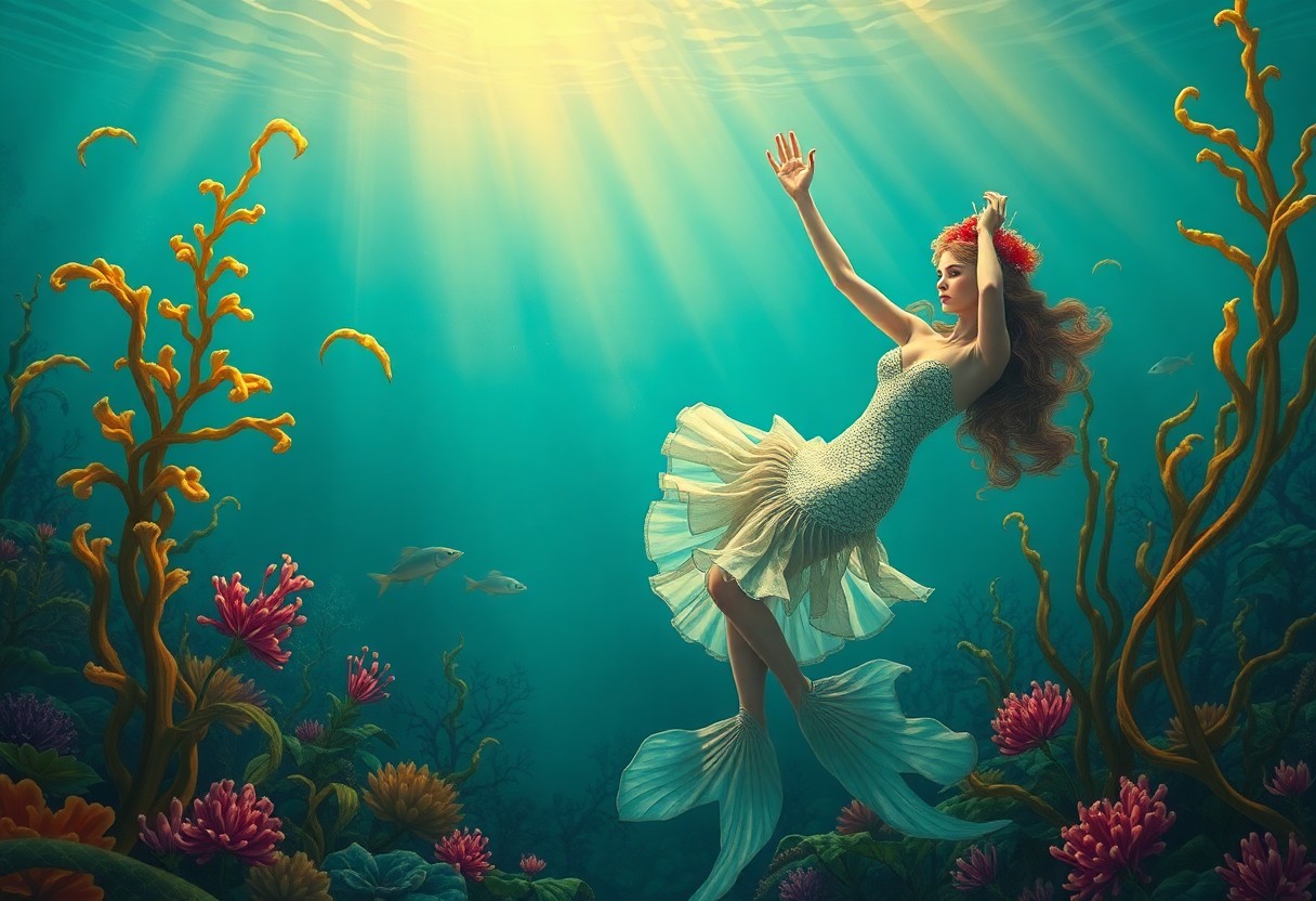 AI generated art for prompt: A surreal underwater dreamscape comes to life as an ethereal mermaid princess gracefully dances amid