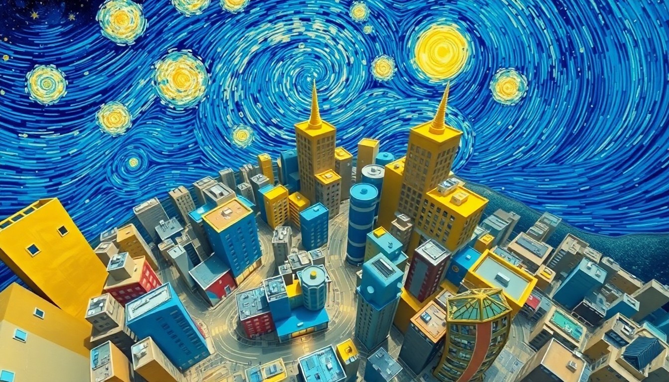 AI generated art for prompt: Imagine a captivating blend of Cubist architecture and swirling Starry Night landscapes, where a thr