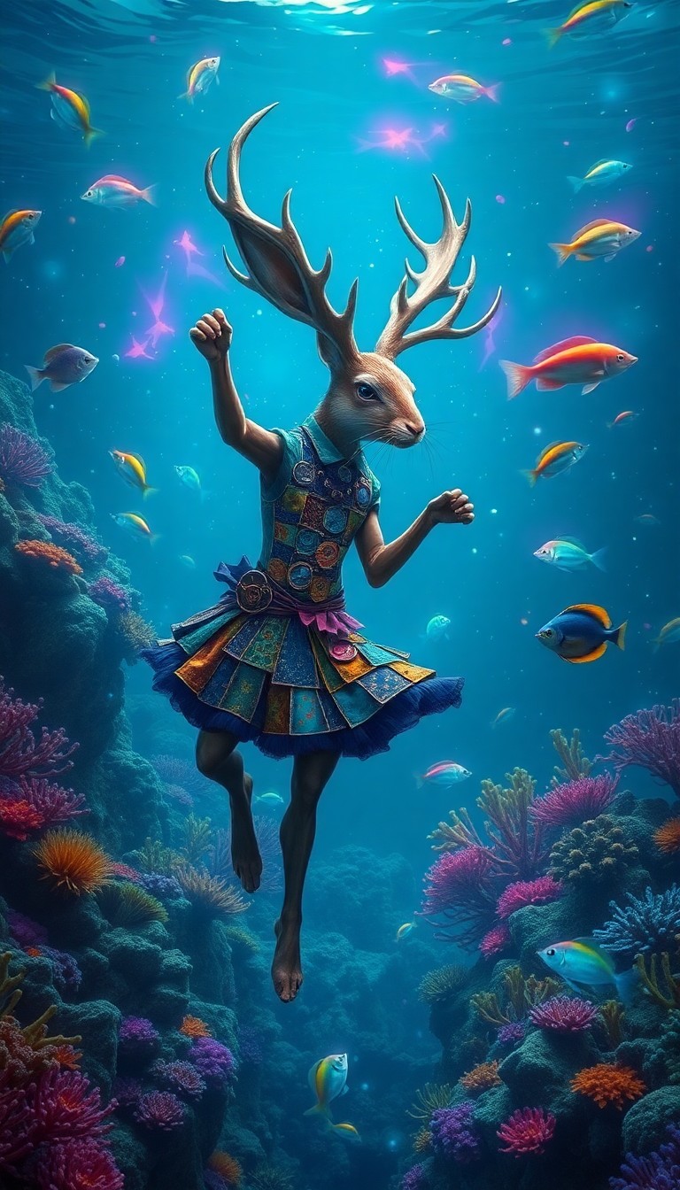 AI generated art for prompt: An enchanting underwater dreamscape showcases an enigmatic creature engaging in a mesmerizing dance 