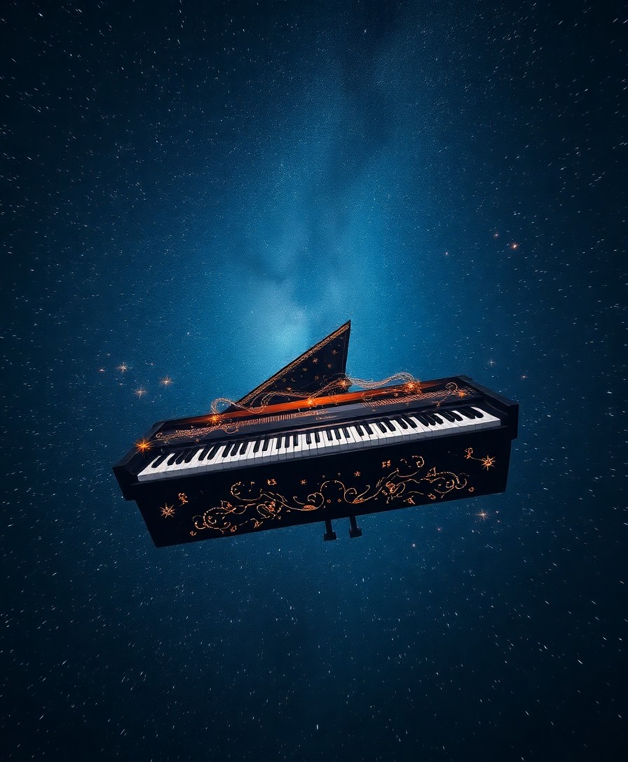 AI generated art for prompt: An enchanting scene captures an expansive, star-studded night sky where a grand piano gracefully flo