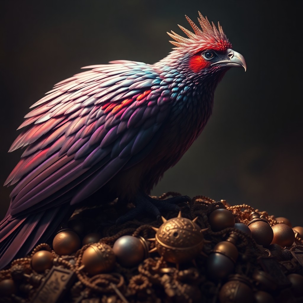 AI generated art for prompt: A majestic mythical bird with iridescent feathers reflecting a spectrum of colors from deep purples 