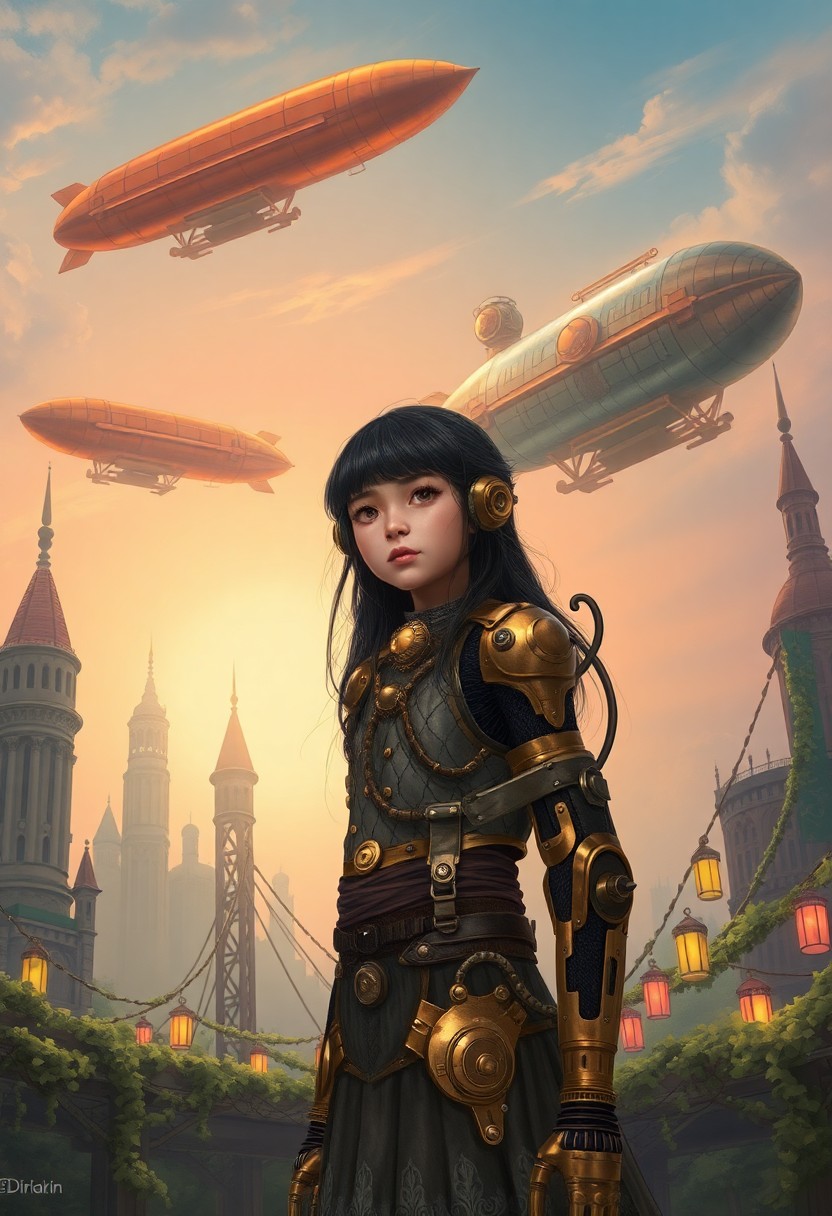 AI generated art for prompt: Envision a captivating Victorian steampunk illustration where a young girl stands at the crossroads 