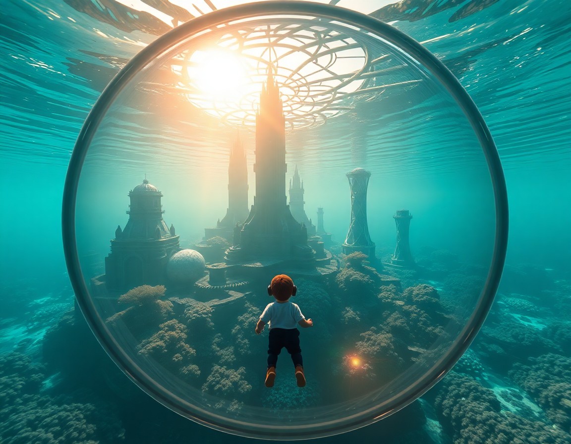 AI generated art for prompt: A digital artwork depicting an underwater metropolis viewed from inside a transparent spherical vehi