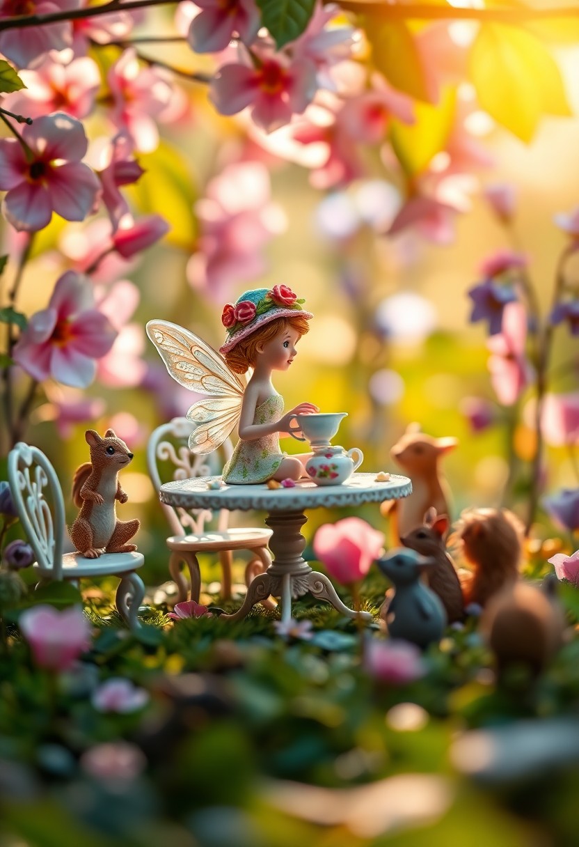 AI generated art for prompt: A whimsical tea party scene unfolds in an enchanted forest, captured from an 'ant's-eye view'. Intri