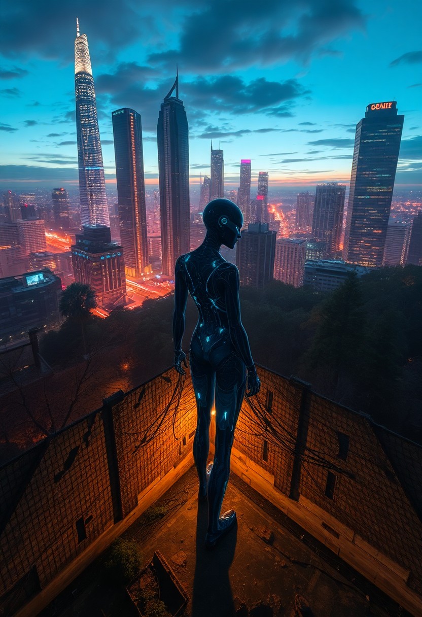 AI generated art for prompt: Envision a futuristic metropolis at twilight, where skyscrapers stretch towards the heavens like sha