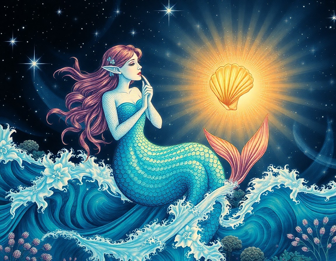 AI generated art for prompt: An enchanting portrayal of a celestial mermaid with iridescent scales gleaming under the starlit oce