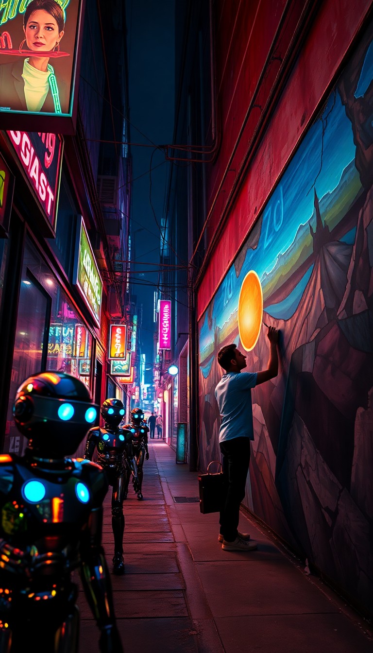 AI generated art for prompt: Imagine a futuristic alleyway illuminated by neon lights from a low-angle perspective resembling an 