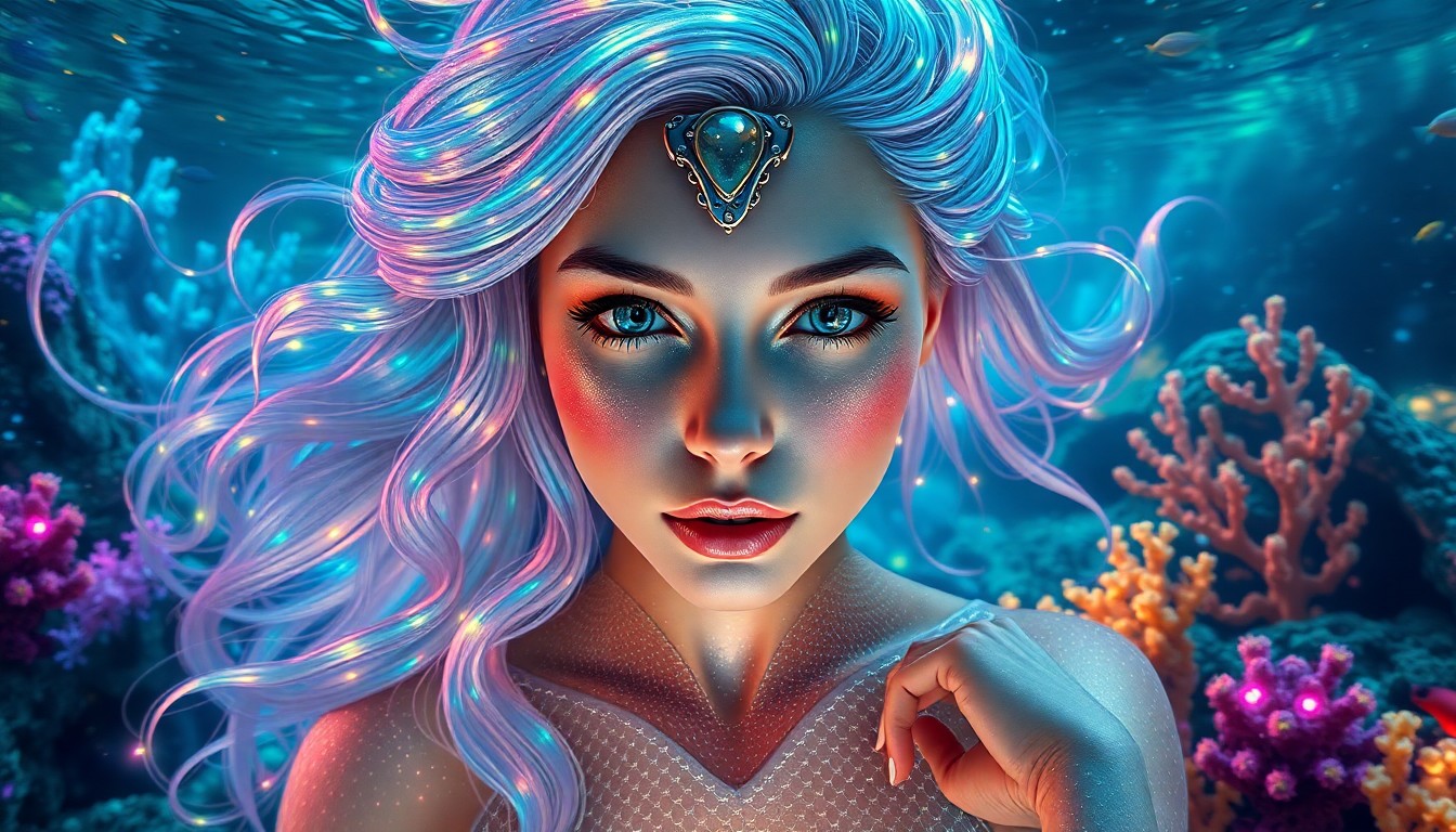 AI generated art for prompt: An enchanting underwater portrait in hyper-realistic style portrays an alluring mermaid with cascadi