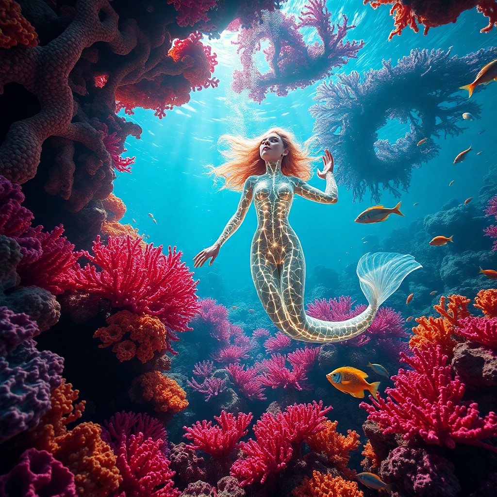 AI generated art for prompt: In a surreal digital art piece, depict an enchanting underwater scene with a mystical figure resembl