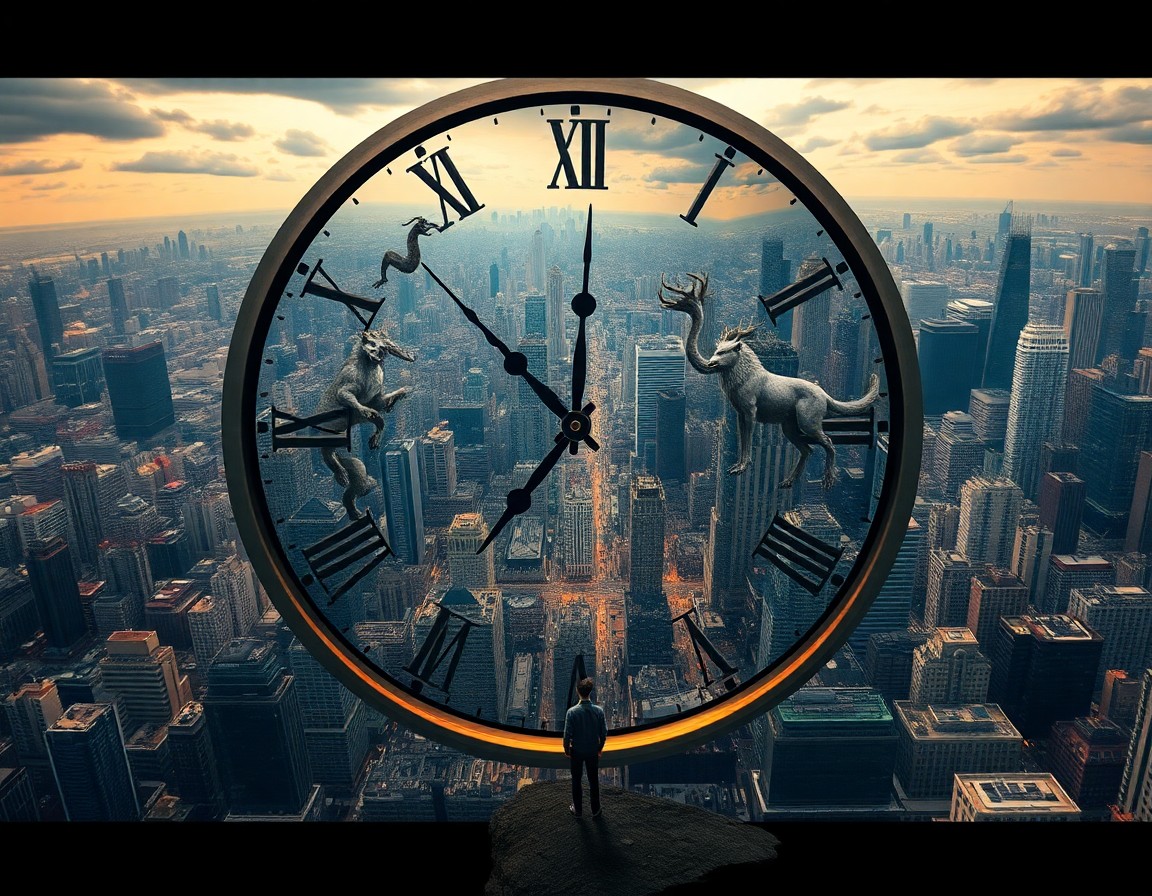 AI generated art for prompt: Picture a mesmerizing, surreal landscape where a colossal clock face is replaced by an enigmatic mir