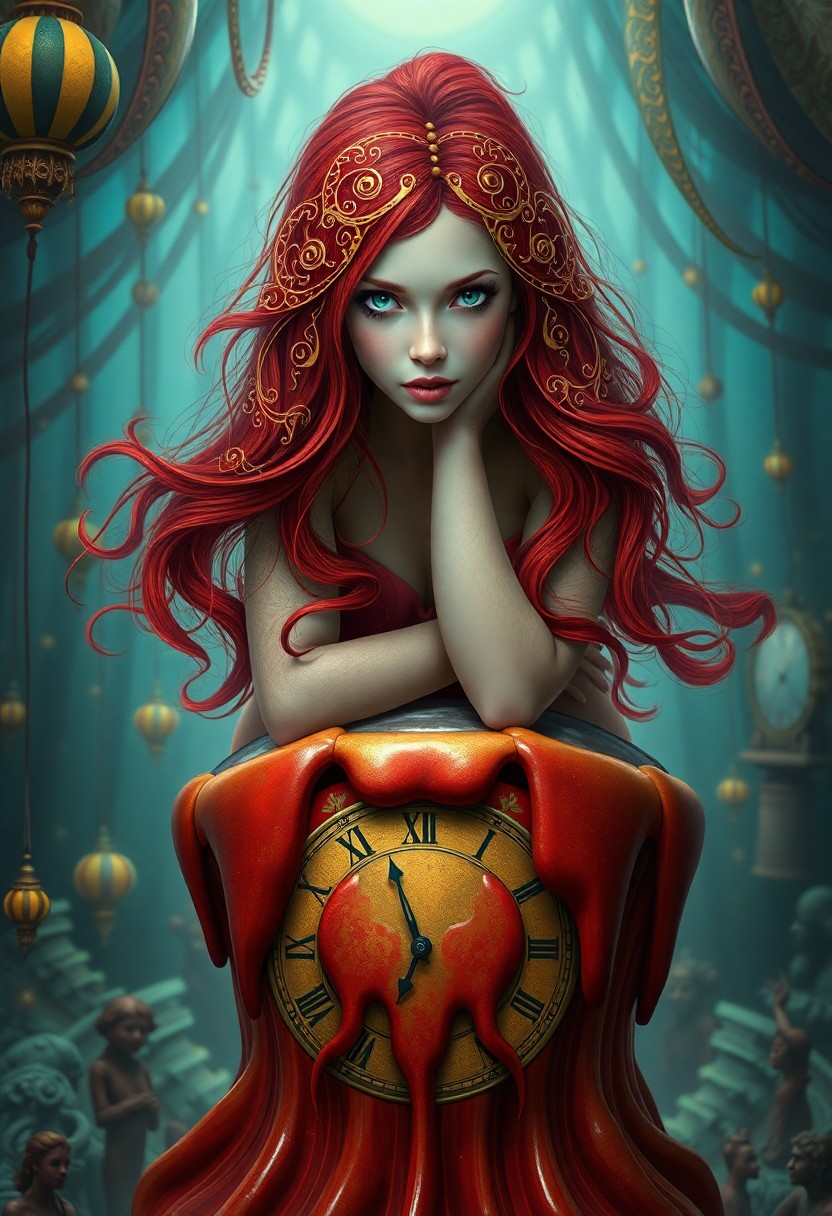 AI generated art for prompt: An intricate digital art portrait captures a mysterious woman with flowing red hair adorned with int