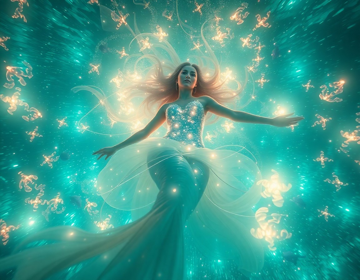 AI generated art for prompt: A mesmerizing digital artwork depicts an enchanting underwater ballet in a surreal, ethereal style, 