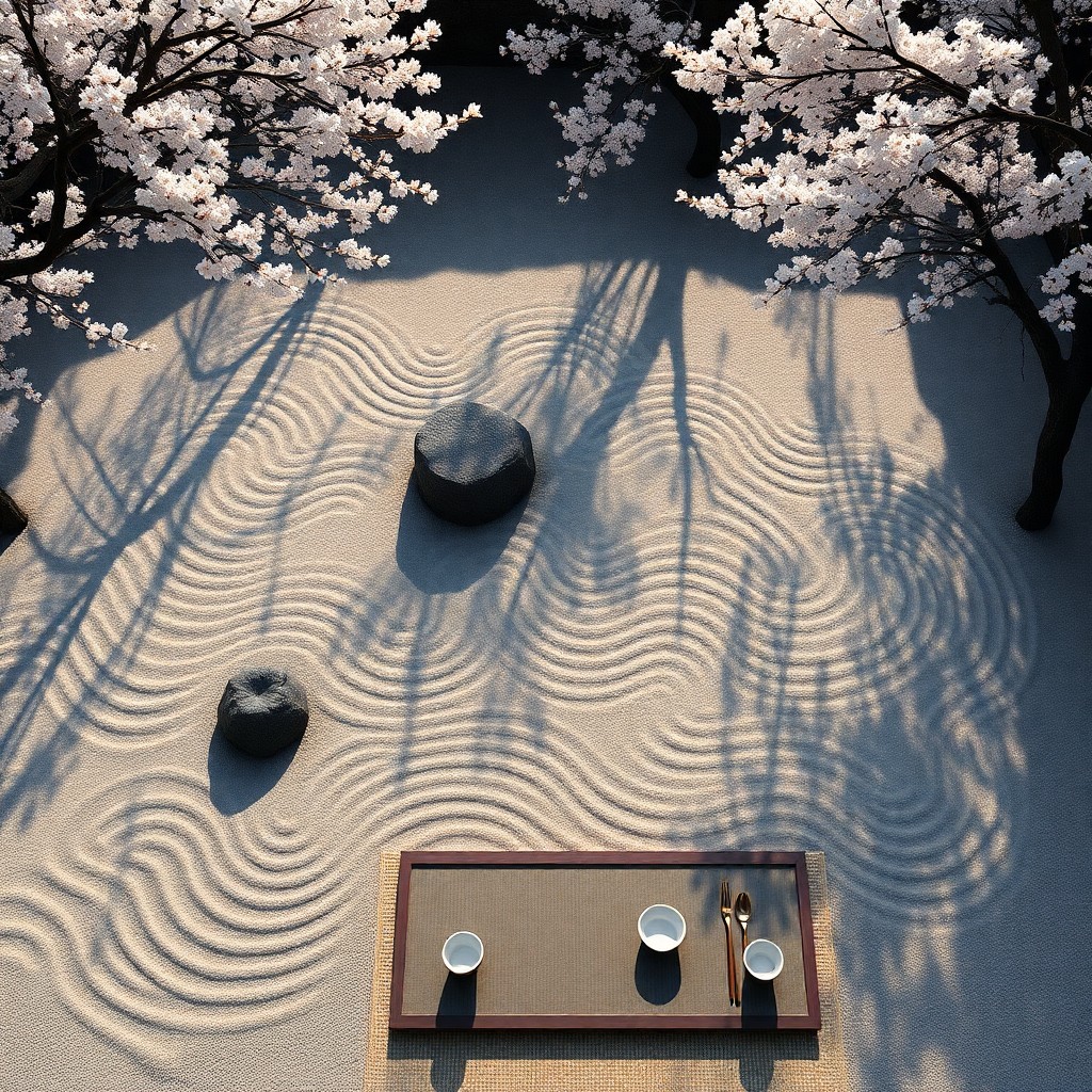 AI generated art for prompt: Create an image depicting a tranquil Zen garden viewed from above, featuring intricate raked sand pa