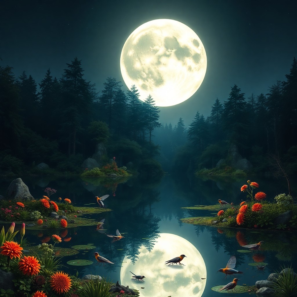 AI generated art for prompt: In this surrealistic dream sequence, the moon's reflection in a tranquil lake transforms into a colo