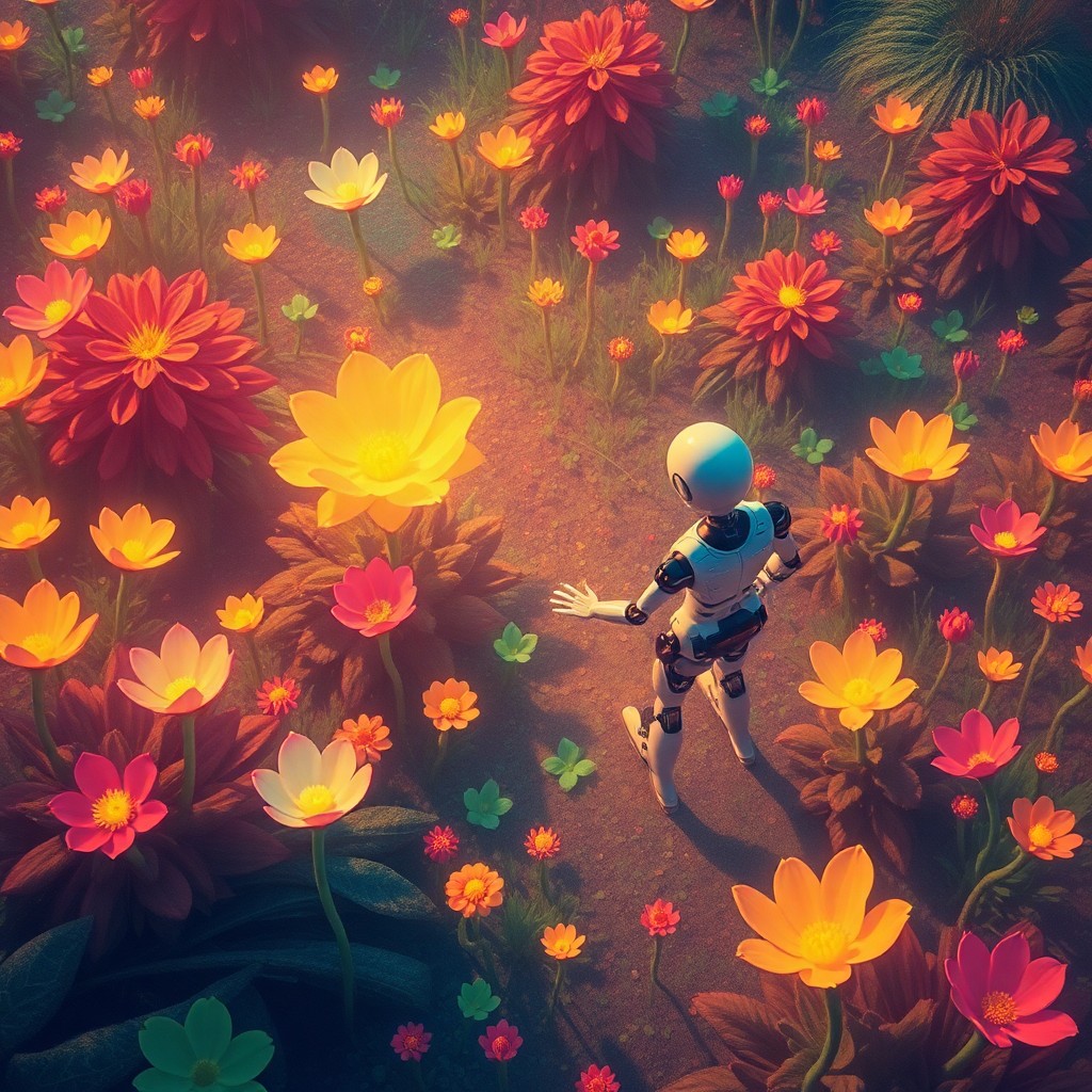 AI generated art for prompt: Craft an image that captures a tranquil alien garden in full bloom, reminiscent of impressionist mas