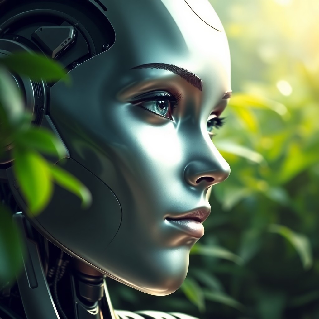 AI generated art for prompt: Craft an image depicting a close-up portrait of a futuristic humanoid robot with a hyper-realistic m