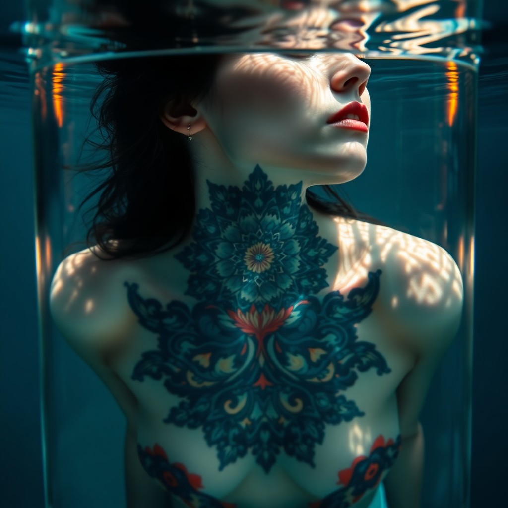 AI generated art for prompt: A surreal digital art portrait showcases a woman with an entrancing tattoo resembling a kaleidoscope