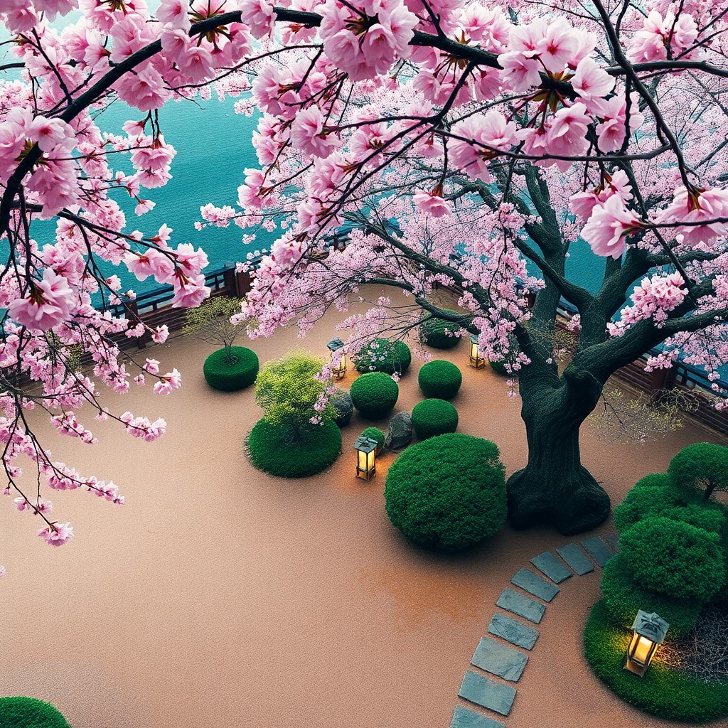 AI generated art for prompt: An aerial perspective reveals a tranquil Japanese Zen garden adorned with blooming cherry blossoms, 