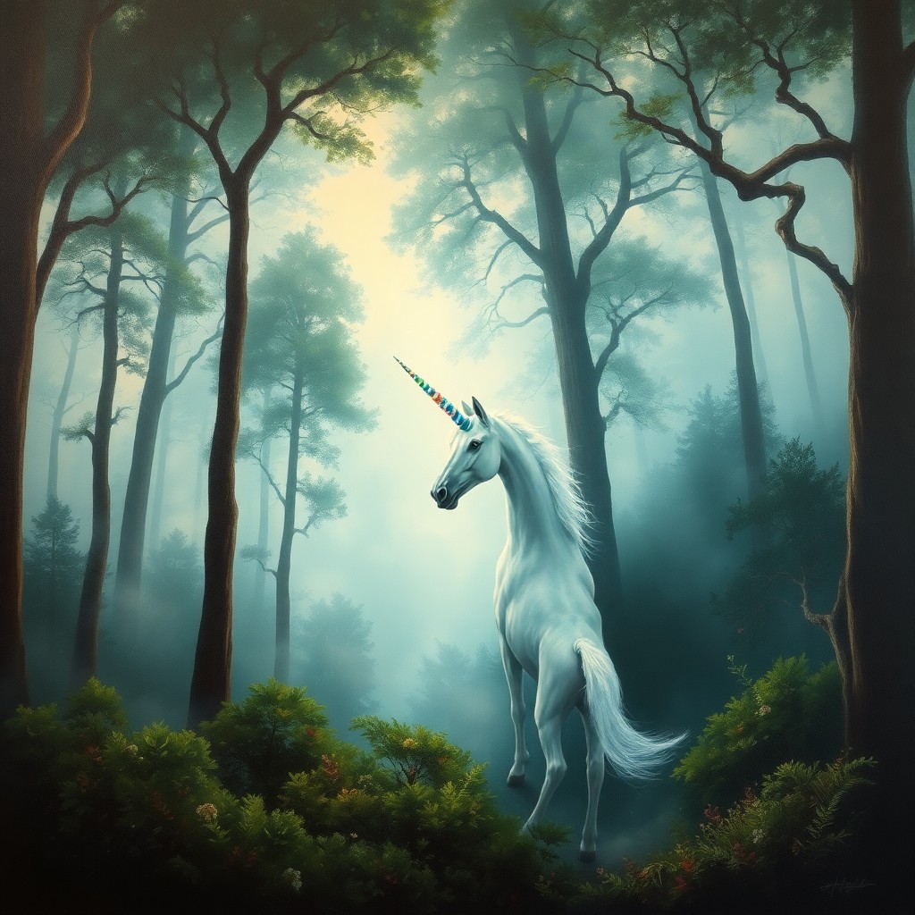 AI generated art for prompt: An oil painting in a surrealistic dreamscape style unveils an ethereal forest scene from a unique pe