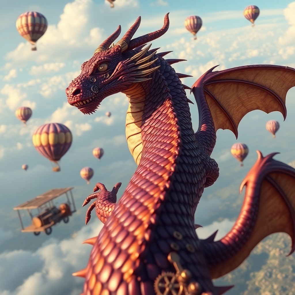 AI generated art for prompt: Craft an image reminiscent of a whimsical steampunk illustration, portraying a dragon's perspective 