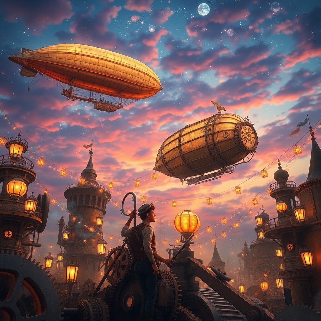 AI generated art for prompt: A mesmerizing steampunk festival comes to life at twilight under a colorful celestial canopy, with a