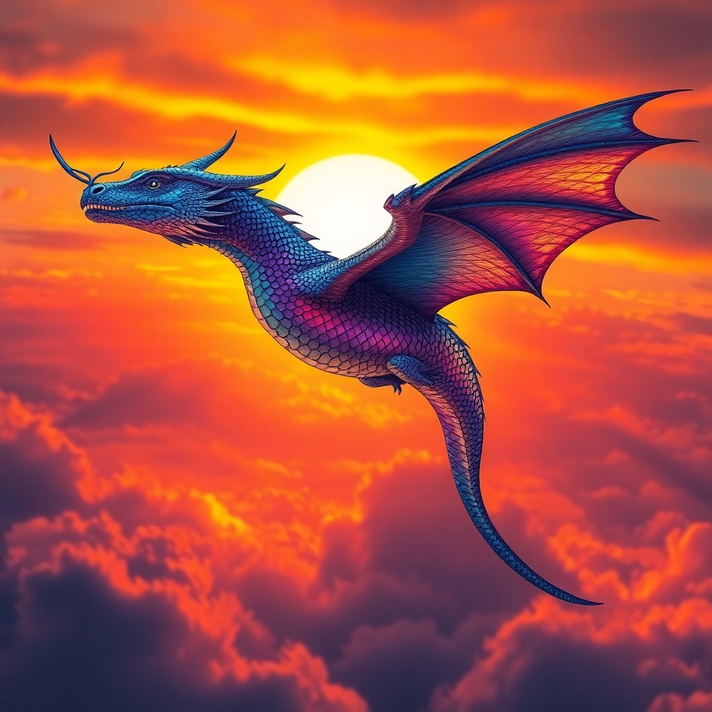 AI generated art for prompt: A majestic dragon glides across an awe-inspiring sunset sky, its scales reflecting a spectrum of iri