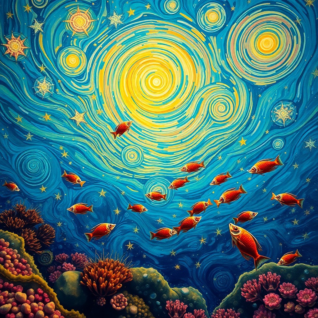 AI generated art for prompt: Imagine an enchanting underwater vista reminiscent of Van Gogh's celestial masterpieces and the resp