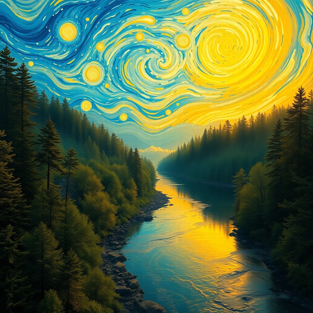 AI generated art for prompt: Picture an awe-inspiring landscape reminiscent of Vincent van Gogh's celestial-inspired masterpieces