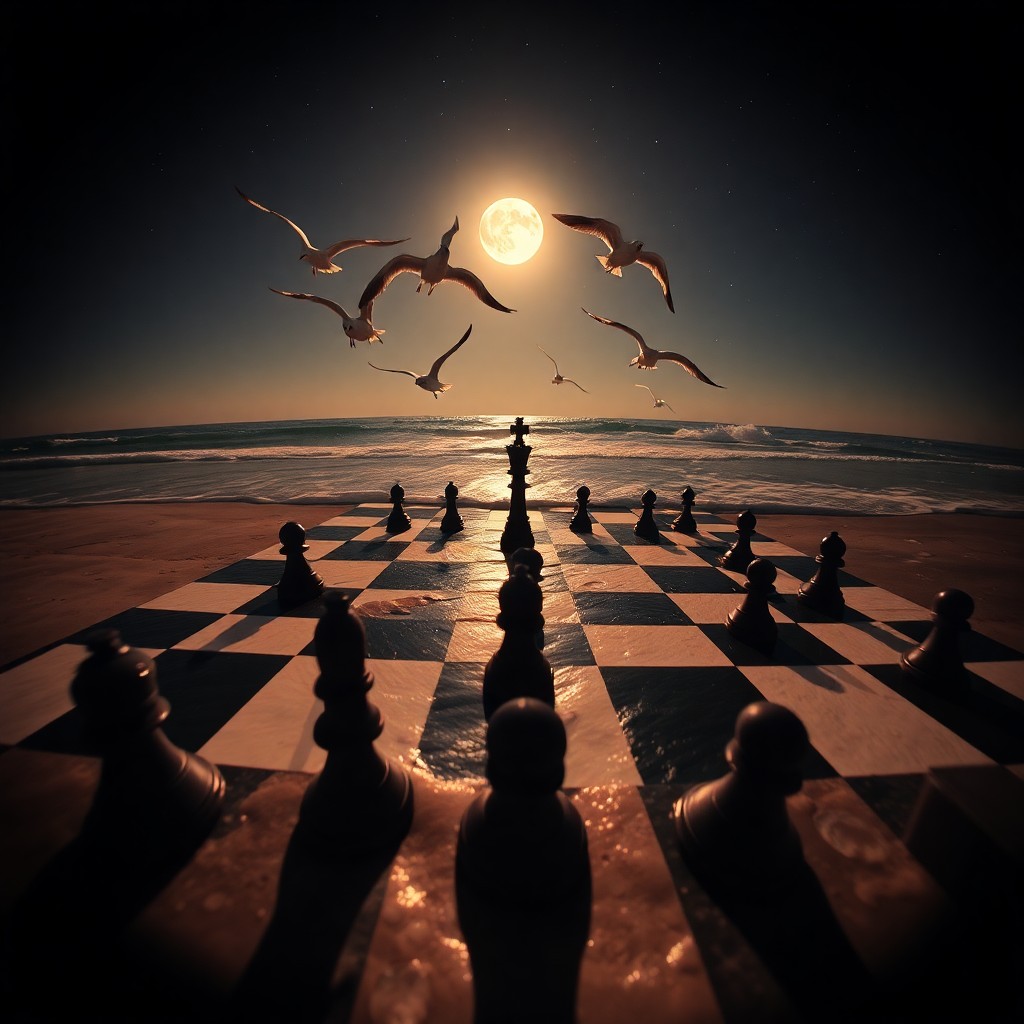 AI generated art for prompt: Craft an image that merges surrealism with whimsy, depicting a chessboard stretching across a beach 