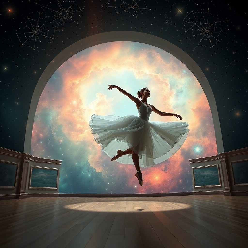 AI generated art for prompt: Visualize an exquisite ballerina gracefully performing in a celestial dance hall, her delicate dress